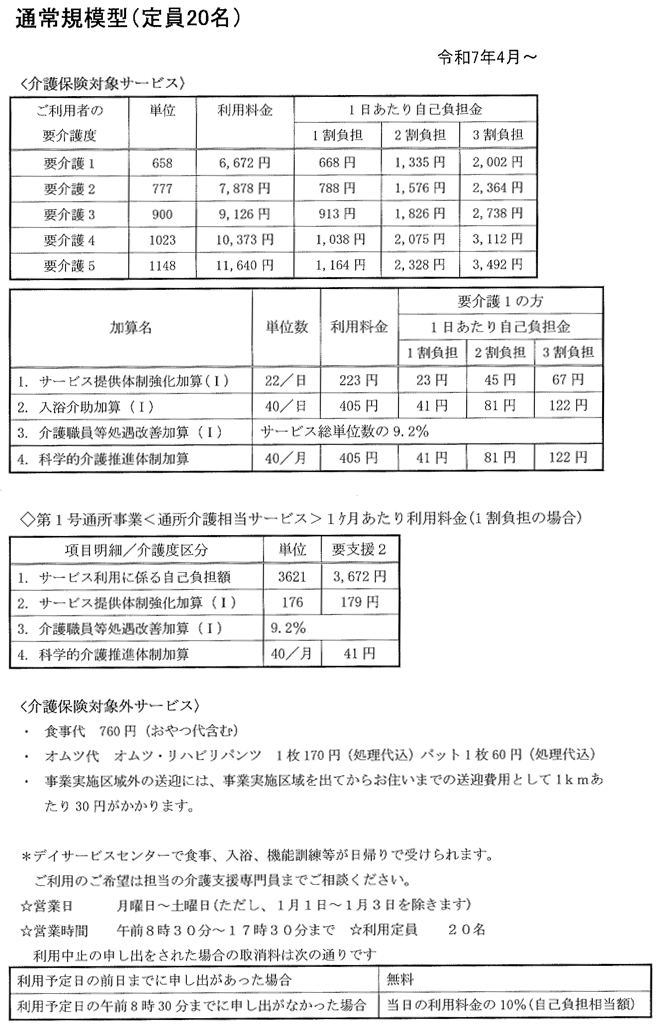 デイサービスセンター利用料金表